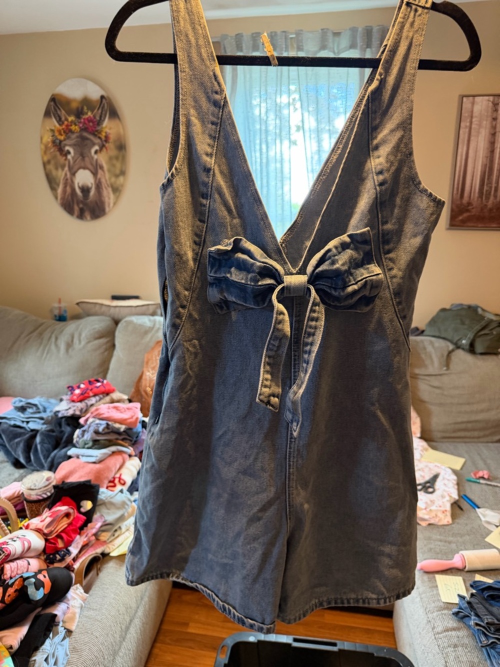 Denim Tie-Front Romper Dress in Washed Blue